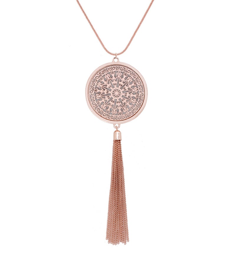 MOLOCH Long Necklaces For Woman Disk Circle Pendant Necklaces Tassel Fringe Necklace Set Statement Pendant (rose gold) - Image 1